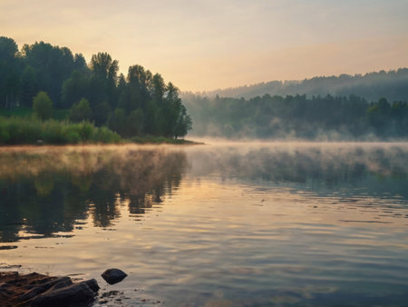 Foggy morning on the river in the summer. morning landscapeの素材