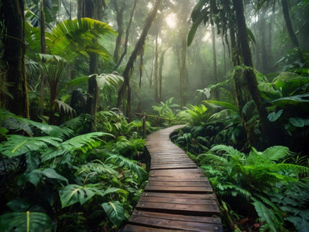 Wooden walkway in tropical rainforest, Costa Rica, Central Americaの素材