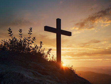Cross on the hill with sunset sky background. 3d render.の素材
