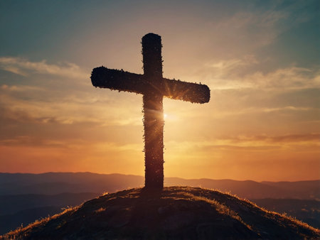 Cross on the top of the mountain at sunset. Conceptual image.の素材