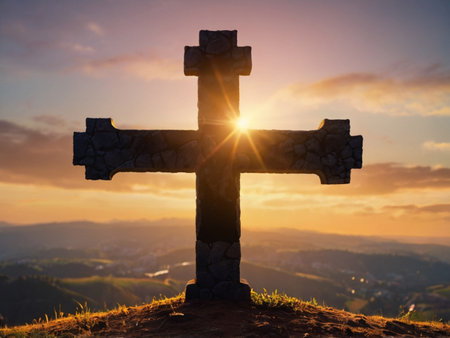 Cross on top of the mountain at sunset. Conceptual image.の素材