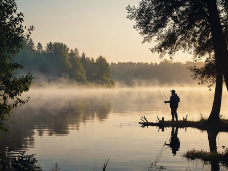 Fisherman fishing on the lake in the early morning with mistの素材