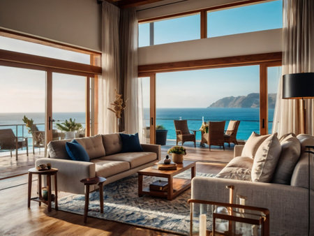 Luxury living room with sea view, sofa and armchairの素材