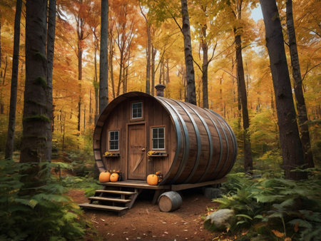 Wooden house with pumpkins in autumn forest. 3d renderの素材