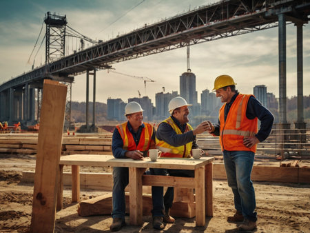 Architects working on a construction site with bridge in the backgroundの素材