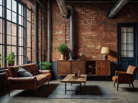 Interior of loft living room with brown leather sofa, wooden commode, coffee table and brick wallの素材