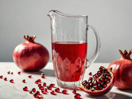 Pomegranate juice in a glass jug on a white backgroundの素材