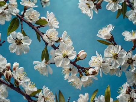 Blossoming branch of cherry on a blue background. Spring backgroundの素材