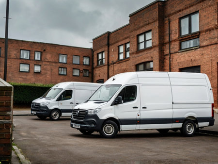 White van parked in front of a red brick building in a rowの素材