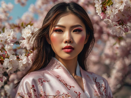 young asian woman in kimono with sakura blossomの素材