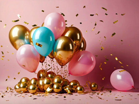Colorful balloons with confetti and ribbons on pink background.の素材