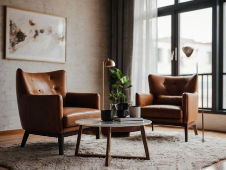 Living room interior with brown leather armchairs, coffee table and decor in scandinavian styleの素材