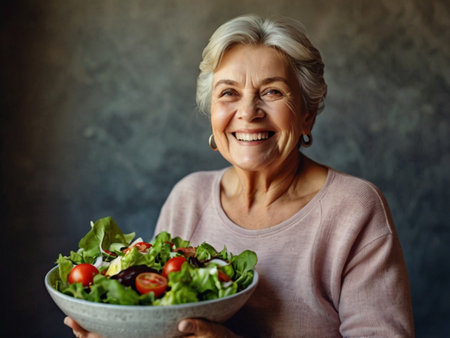 Smiling mature woman holding a bowl of fresh salad. Looking at camera.の素材
