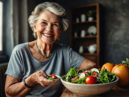 Healthy food. Smiling senior woman holding bowl with salad and looking at cameraの素材