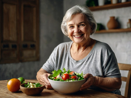 Healthy food. Smiling senior woman holding bowl with fresh salad while standing in kitchen at homeの素材