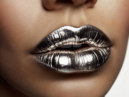 Close-up of beautiful female lips with shiny silver lipsglossの素材
