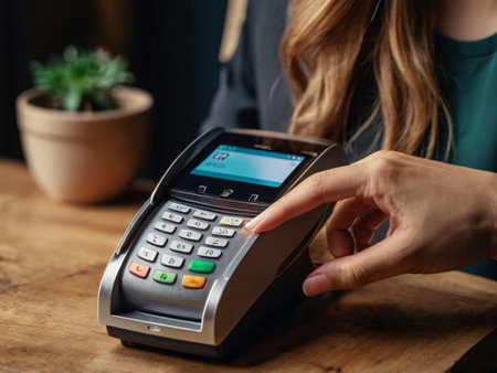Close up of a woman paying with credit card machine in cafe.の素材
