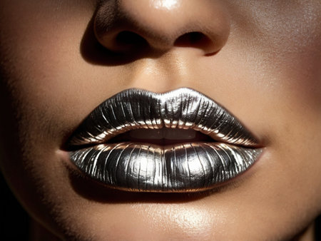 Close-up shot of beautiful female lips with silver shiny lipstick. Beauty, fashion.の素材