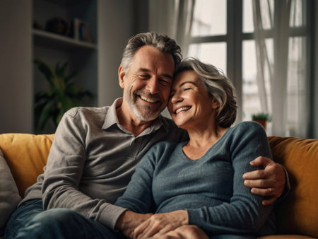 happy senior couple hugging and smiling at camera on sofa in living room at homeの素材