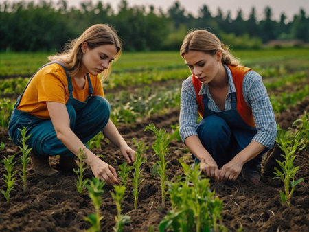 Two young women in aprons working in the field of corn.の素材