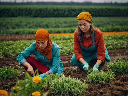Two young women working in a field of sunflower seedlings.の素材