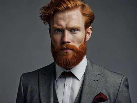 Portrait of a red-bearded man in a suit on a gray backgroundの素材