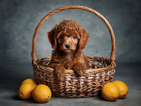 Cocker Spaniel puppy in a wicker basket with lemonsの素材
