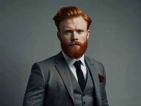 Portrait of a handsome red-bearded man in a suit on a gray backgroundの素材