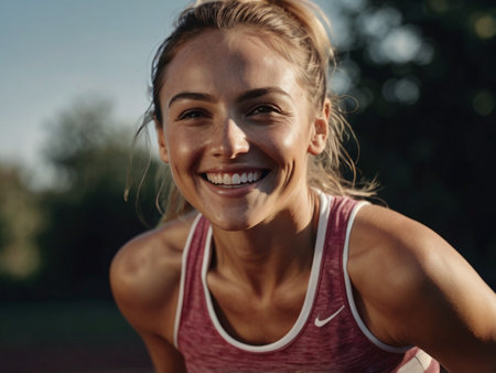 Portrait of a beautiful young woman in sportswear smiling and looking at cameraの素材