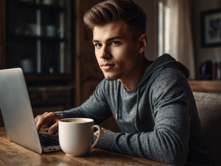 Portrait of a handsome young man sitting at a table with a laptop and a cup of coffeeの素材