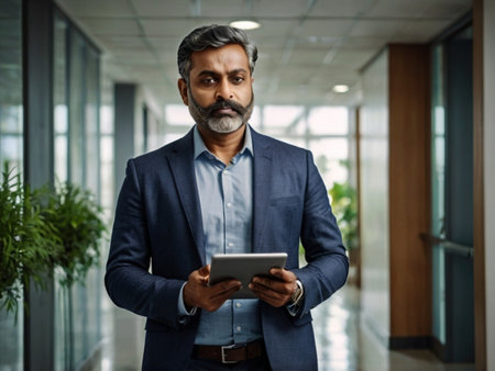Portrait of Indian businessman using digital tablet while standing in modern officeの素材