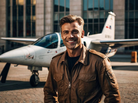 Handsome young man in leather jacket smiling and looking at camera while standing near planeの素材