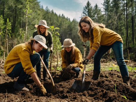 Group of young women planting trees in the garden. Selective focus.の素材