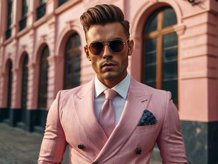 Portrait of handsome young man in pink suit and sunglasses on the streetの素材