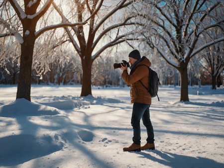 Male photographer taking photos of beautiful winter landscape with snow covered trees. Man in warm brown jacket and jeans.の素材