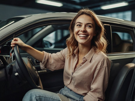 smiling young woman sitting in car and looking at camera in auto showroomの素材