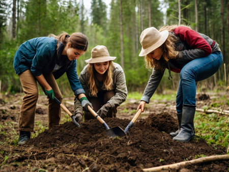 Group of women planting a tree in the forest. Selective focus.の素材