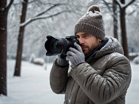 Professional photographer taking picture in snowy park. Man in winter jacket and hat with camera.の素材
