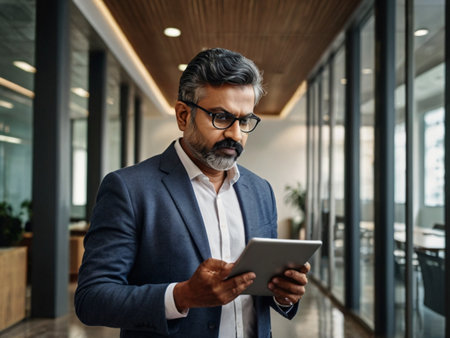 Portrait of confident mature businessman using digital tablet while standing in officeの素材
