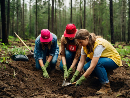 Group of young women planting trees in the forest. Selective focus.の素材