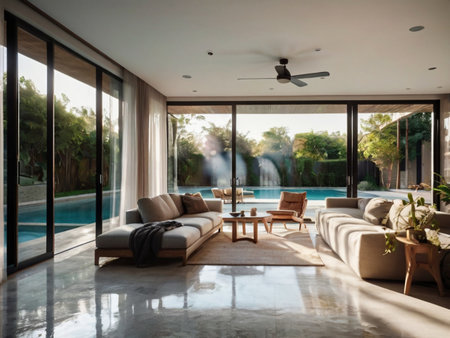 Luxury living room with swimming pool, view from the terraceの素材