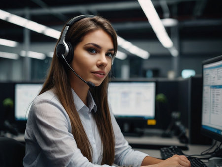 selective focus of customer service agent in headset using computer in officeの素材