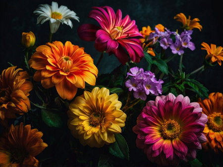 Colorful bouquet of dahlias on a dark background.の素材