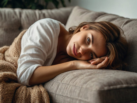 Portrait of a beautiful young woman lying on the sofa at home.の素材