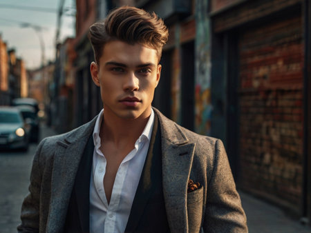 Handsome young man in a stylish jacket posing outdoors. Men's beauty, fashion.の素材