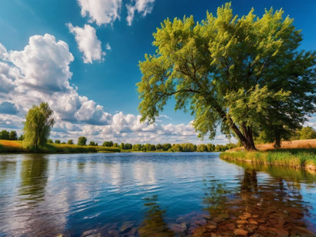 beautiful summer landscape on the river bank and blue sky with cloudsの素材