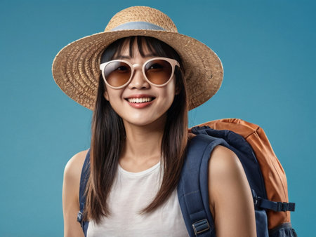 Portrait of a beautiful Asian woman wearing hat and sunglasses with backpackの素材