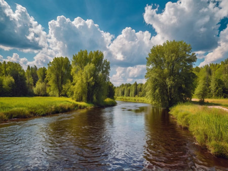 Beautiful summer landscape with a small river and blue sky with cloudsの素材
