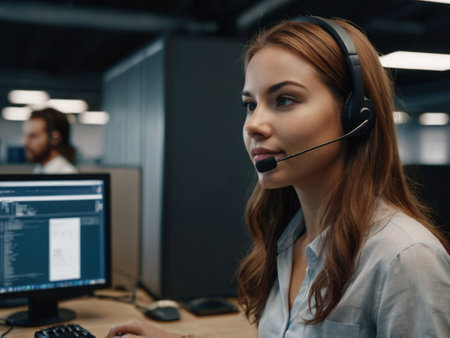 selective focus of customer service agent in headset working with computer in officeの素材