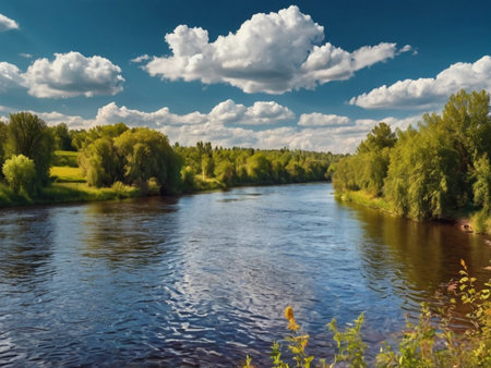 Summer landscape with river and blue sky with white clouds. Russia.の素材